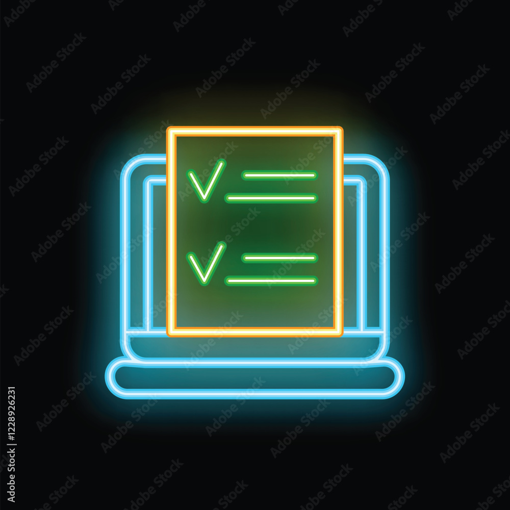 Poster neon online survey with checkmarks on a laptop screen representing online testing and questionnaires
