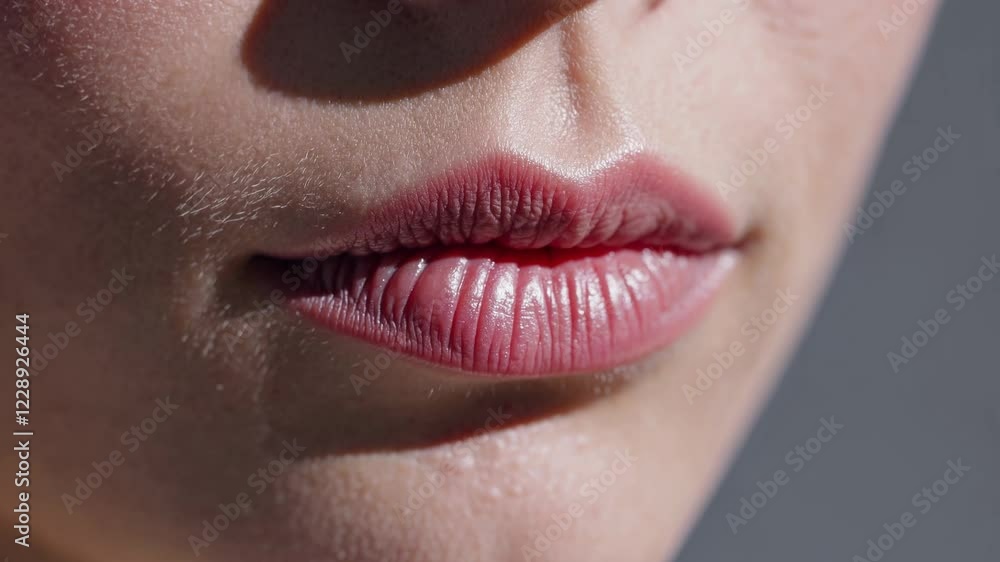 Poster a close-up of lips gently pressing together, spotlighting fine lines and subtle color variations tha