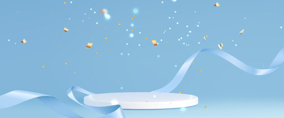 3D white podium with flowing blue silk ribbons and golden confetti on pastel background. Elegant circular platform with shimmering particles and delicate floating streamers for celebration display.