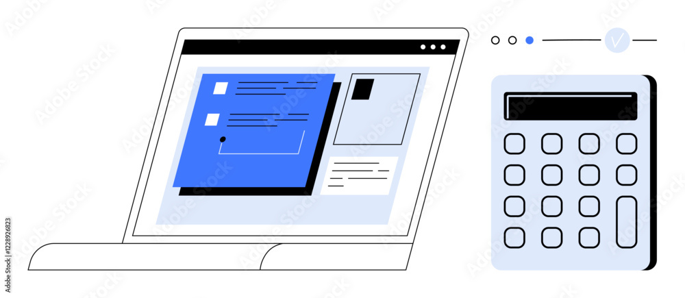 Poster laptop with screen displaying data, calculator beside it, small interface controls above. ideal for 