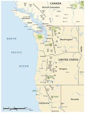 Map of the Cascade Range, volcanic mountain range that runs parallel to the west coast of North America