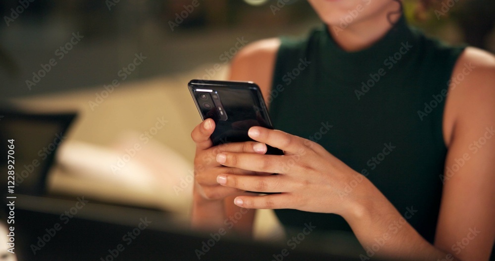 Poster hands, phone and research with business woman in office for networking, client feedback and online r