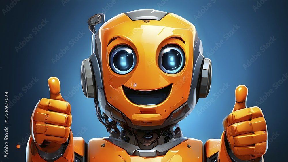 Poster friendly smiling orange robot with a thumb up symbolizing artificial intelligence, ai generated