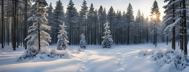 Obraz premium Peaceful snowy forest clearing at dawn with snow softly blanketing the ground and frost-covered pine trees, AI generated