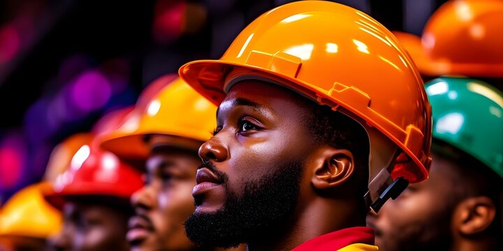 A group of people wearing colorful hard hats, focused and attentive, likely in a construction or training environment. Concept Construction Safety Training, Teamwork and Collaboration