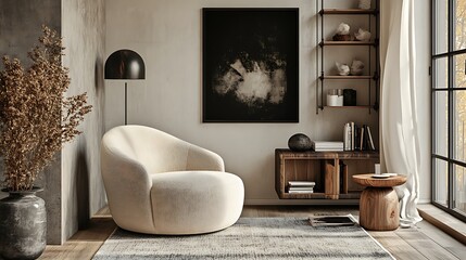 Obraz premium Cozy cream armchair in minimalist living room with natural elements and artwork.
