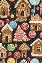 Abstract wallpaper illustration of of gingerbread house decoration, AI generated