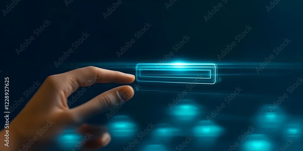 Poster a hand reaching towards a glowing, futuristic interface with a rectangular input field. concept futu
