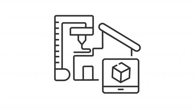 3D printing line animation. House building animated icon. Moving printer, spinning cube. Architecture, technology. Black illustration on white background. HD video with alpha channel. Motion graphic