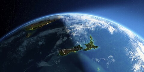 Highly detailed Earth with atmosphere, exaggerated relief and light-flooded cities. Transition from night to day. New Zealand. 3D rendering. Elements of this image furnished by NASA
