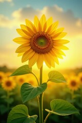 Obraz premium sunflower stretching towards the warm sunshine, rays, yellow, sky