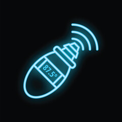 Neon medical icon of a smart electronic thermometer measuring a high fever with radio waves