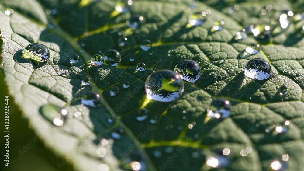 Poster A mesmerizing macro view of morning dew on a leaf, capturing each droplet’s reflection in crisp detail as sunlight softly illuminates the natural textures.
