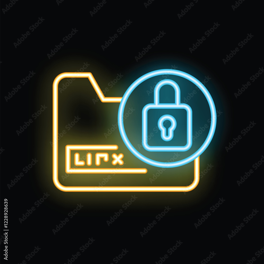 Poster neon icon of a file folder with a padlock on it, representing the concept of data security
