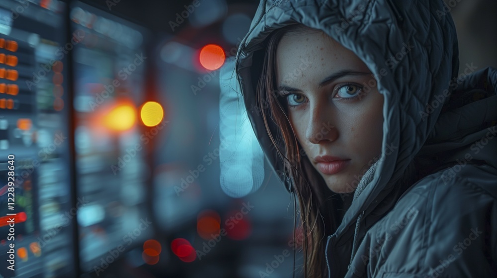 Poster depiction of cybercrime, hacker attacks and the darknet. a person in front of a virtual background w