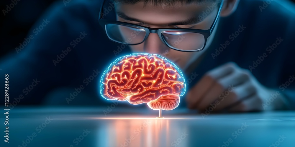 Aufkleber a person intently observing a glowing 3d representation of a brain, suggesting a focus on neuroscien