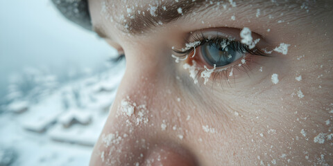 Fototapeta premium A macro shot of frozen eyelashes on a person’s face, expanding into a wide view of a blizzard engulfing a town, ultra-HD