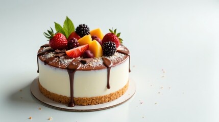 A delectable creamy dessert, adorned with a rich chocolate glaze and a vibrant medley of fresh berries and fruit slices, creating a sophisticated and delightful treat