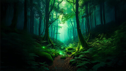 Fototapeta premium Mystical Enchanted Forest with Glowing Fireflies – A Magical Green Wonderland