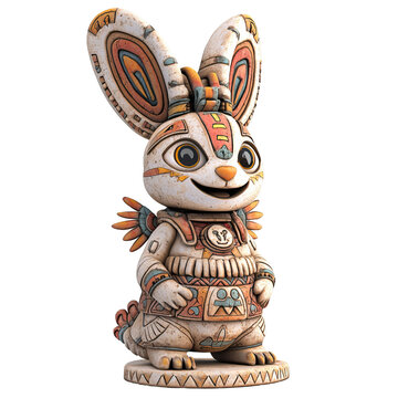 Cartoonish 3D Sculpture of Viscacha with Aztec Elements in White and Colorful Designs