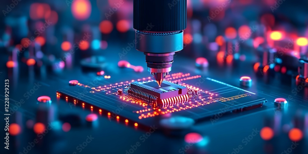 Poster a close-up view of a computer chip being processed, with vibrant lights and intricate circuitry deta