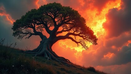 Majestic ancient tree with sprawling roots, silhouetted against a fiery sunset sky, a breathtaking panorama of nature's vibrant colors and powerful forms