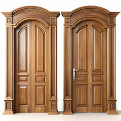 Obraz premium Open Possibilities: Closed and Open Brown Wooden Doors on White Background