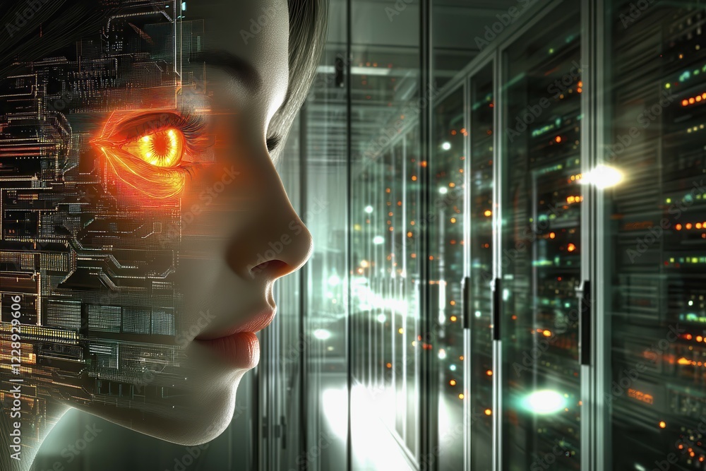 Poster conceptual symbolism of artificial intelligence represented by a human face with a glowing orange ey
