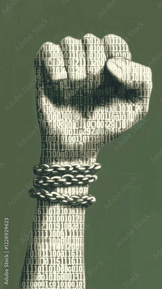 Poster greenish fist with chains and binary code, signifying strength and resistance in a digital world, ai