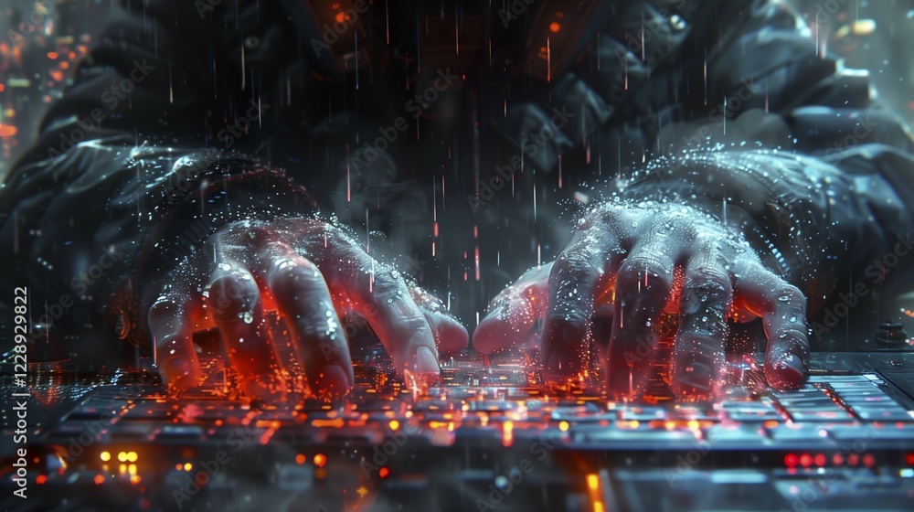 Poster depiction of cybercrime, hacker attacks and darknet. hands on keyboard in dark surroundings. luminou