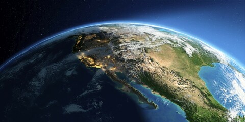 Highly detailed Earth with atmosphere, exaggerated relief and light-flooded cities. Transition from night to day. Gulf of California, Mexico and the western U.S. states. 3D rendering. Elements of this image furnished by NASA