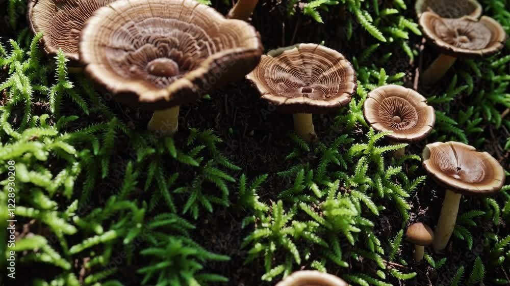 Aufkleber A close-up view of a mossy forest floor where a cluster of mushrooms emerges, showcasing intricate cap patterns and subtle earthy textures.
