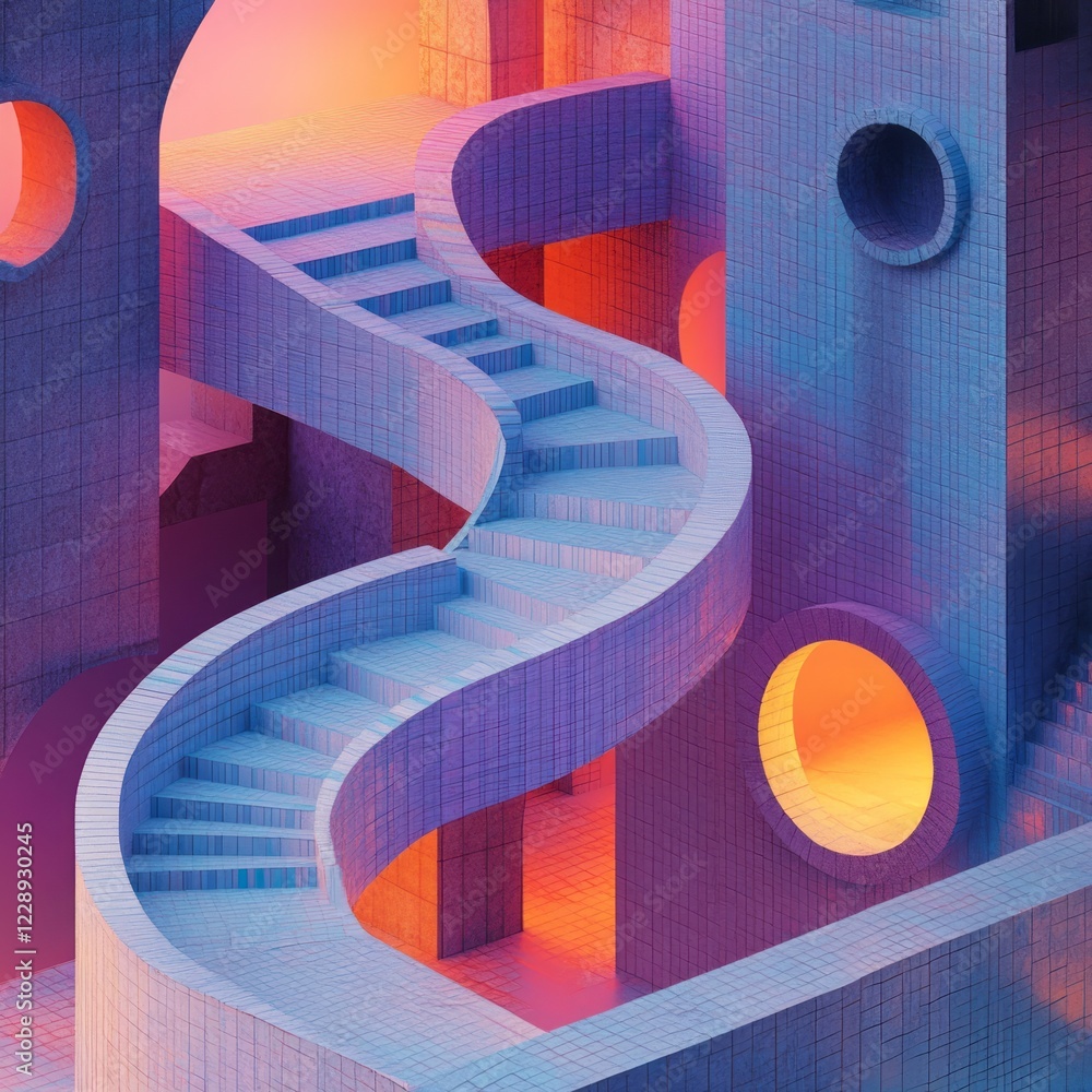 Poster a spiral staircase is shown in a blue and orange color scheme. the staircase is made of blocks and h