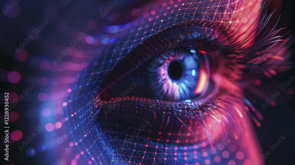 Poster close-up of an eye surrounded by intricate pink and blue digital patterns, creating a glowing and fu