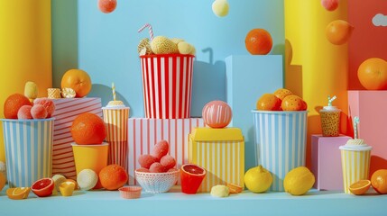 Vibrant display of fruits and striped containers creating a playful summer feel, AI generated