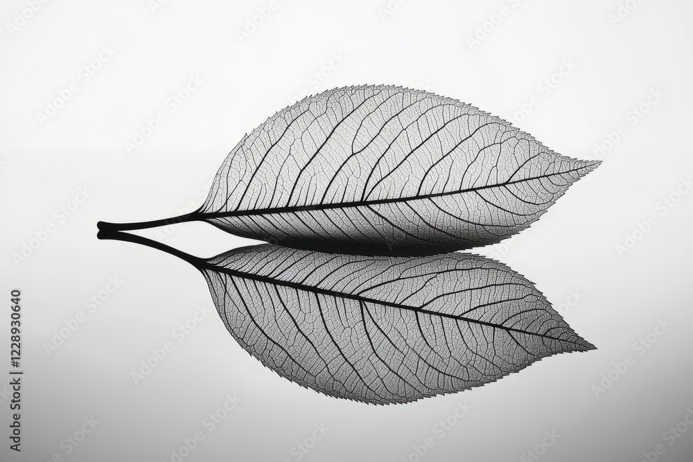 Poster two delicate leaf skeletons mirrored on a reflective surface, showcasing intricate vein patterns in 