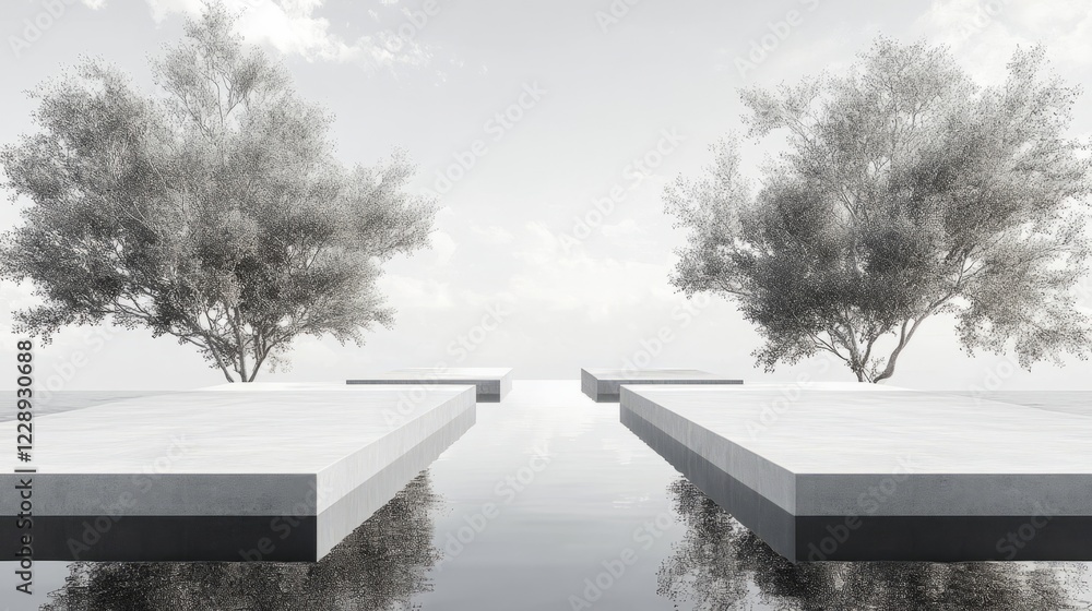Poster a serene minimalist scene featuring geometric platforms and symmetrical trees reflecting on tranquil