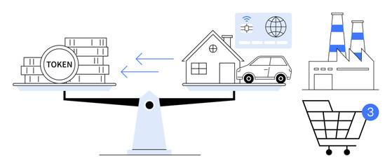 Obraz premium Balance scale weighs token stacks against house and car. Arrows indicate exchange. Factory and shopping cart with 3 notifications. Ideal for finance, economy, real estate, cryptocurrency