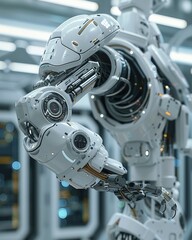 Fototapeta premium White robotic arm representing automation and technology, AI generated