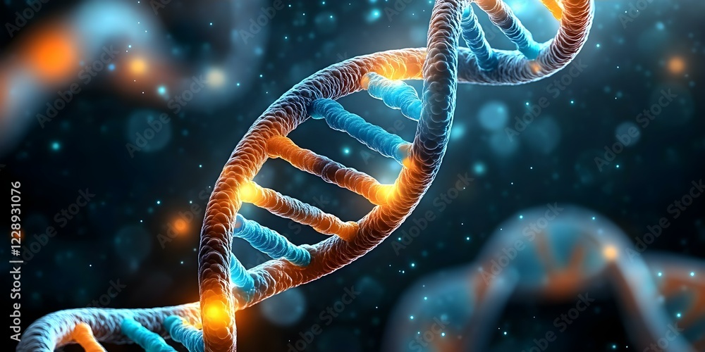 Poster a 3d representation of a dna double helix structure with glowing strands, emphasizing genetic materi