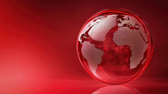 A graphical Earth globe with red belt lines circling dynamically, set against a sleek red gradient background, perfect for news concepts.