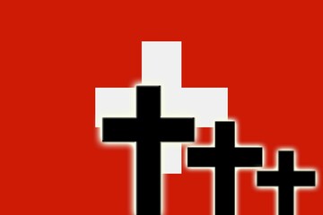 The Swiss flag and the silhouettes of tombstones crosses