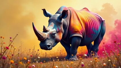 Fototapeta premium A vibrant rhinoceros, adorned in a kaleidoscope of colors, stands majestically amidst a field of wildflowers, bathed in the warm glow of a setting sun.