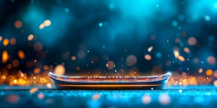 A futuristic glowing hoverboard with vibrant lights, surrounded by a soft blue and orange bokeh background. Concept Futuristic Hoverboard, Vibrant Lights, Soft Bokeh Background