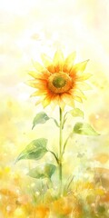 Obraz premium Vibrant watercolor sunflower with green leaves on a soft yellow background, capturing a sunny and artistic essence.