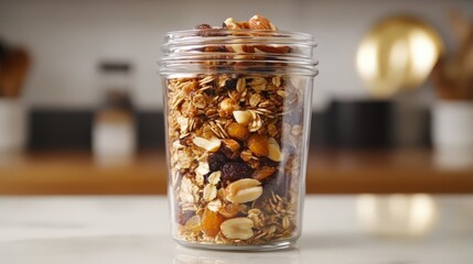 Glass jar of homemade granola with visible layers of oats, nuts, and dried fruits, styled on a kitchen countertop