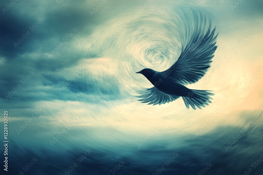 Poster a bird gracefully soars through a dynamic sky, surrounded by swirling clouds and gentle light, creat
