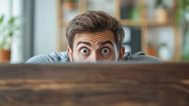 a man with a surprised look on his face, peering over the edge of a wooden table. He has a startled expression, with his eyebrows raised and eyes wide open. He is in focus.
