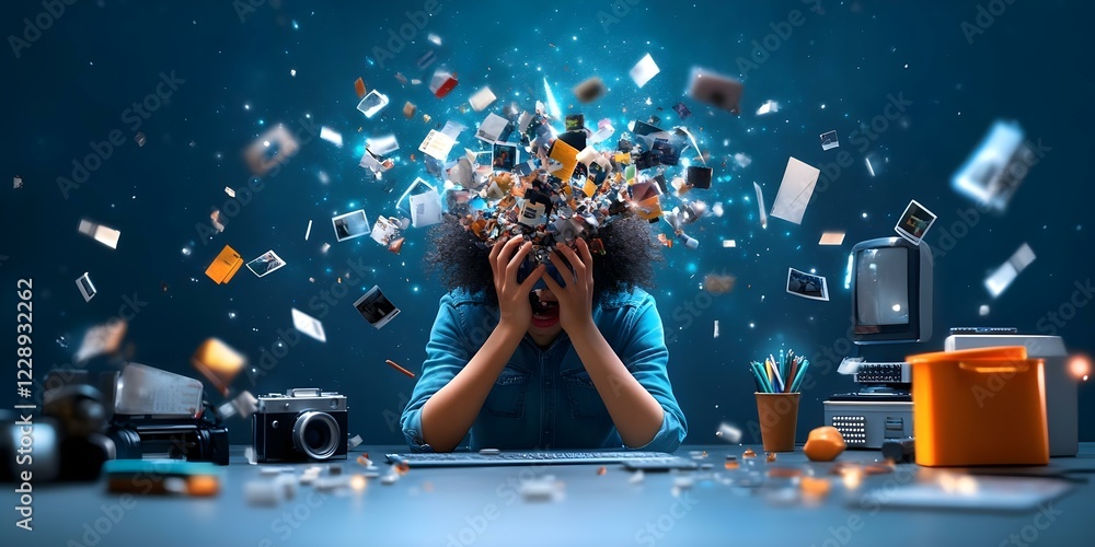 Poster a person overwhelmed with information, surrounded by flying images and objects, sitting at a desk wi