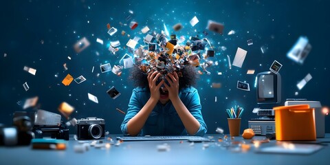 A person overwhelmed with information, surrounded by flying images and objects, sitting at a desk with a computer and camera. Concept Information Overload, Creative Chaos, Workspace Inspiration